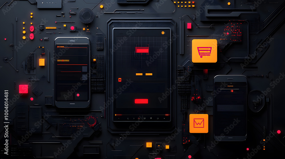 Online shopping illustration for Cyber Monday with digital shopping carts, smartphones, and bright discount tags Online shopping illustration for Cyber Monday with digital shopping carts, smartphones, and bright discount tags