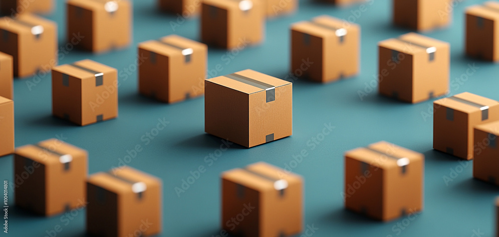 Obraz premium Numerous delivery boxes arranged in a grid on a blue background.