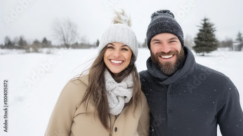 Young people in love, happy smiling couple on the background of winter landscape, snow, blurred trees. Joint winter vacation in nature.