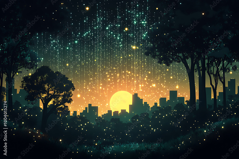 Fototapeta premium illustration featuring a city background with digital abstract technology and space for titles. Includes modern line design elements for tech-themed projects. 