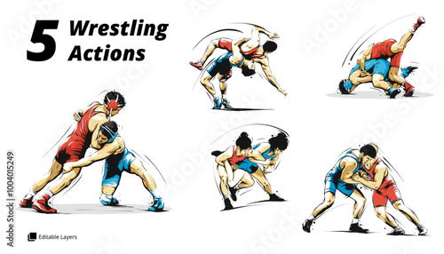 Dynamic Set of Wrestling Actions: A Vector Illustration Featuring Various Combat and Grappling Techniques. Editable Layers for Customization in Wrestling Moves and Combat Sports Artwork