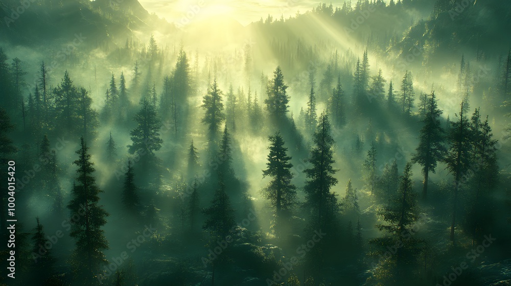 Nature scene with fog enveloping a dense forest of pine trees as sunlight filters through the haze