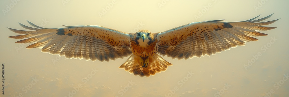 Fototapeta premium A hawk diving towards its prey, wings streamlined, floating on a pastel backdrop,