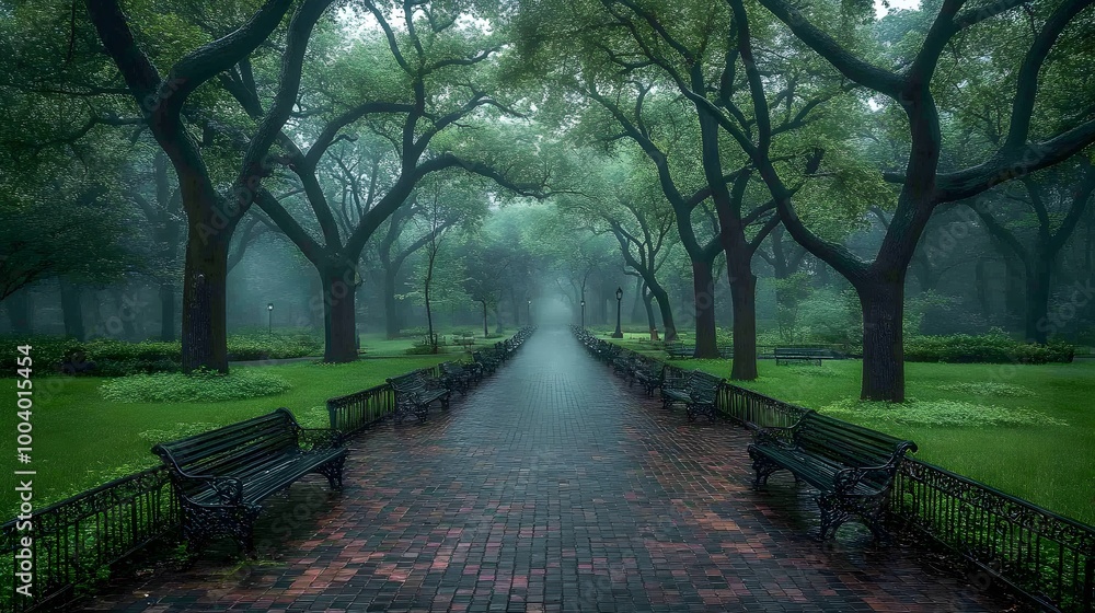 Misty urban park at twilight with trees and benches disappearing into the dense fog Misty urban park at twilight with trees and benches disappearing into the dense fog
