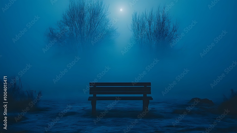 Misty urban park at twilight with trees and benches disappearing into the dense fog Misty urban park at twilight with trees and benches disappearing into the dense fog