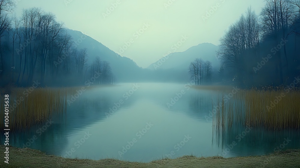 Obraz premium Foggy riverbank with tall reeds and a distant mountain range barely visible through the mist