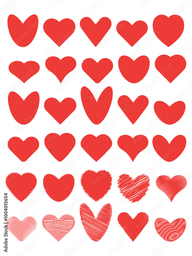 Big set of red hearts of different shapes on a white isolated background. Design elements for Valentine's Day, websites, wedding. Vector.
Big set of red hearts of different shapes on a white isolated background. Design elements for Valentine's Day, websites, wedding. Vector.
