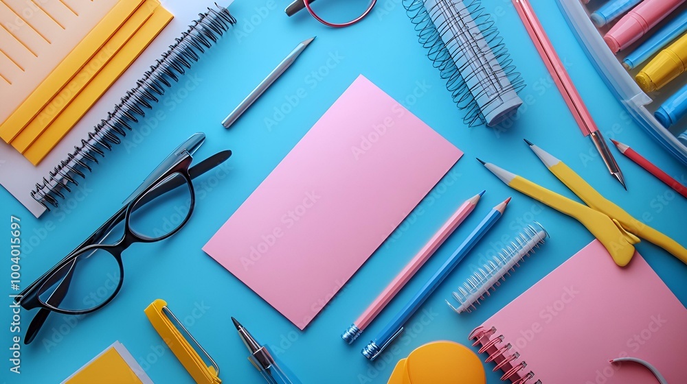 a pink notepad and pens on a blue surface
a pink notepad and pens on a blue surface