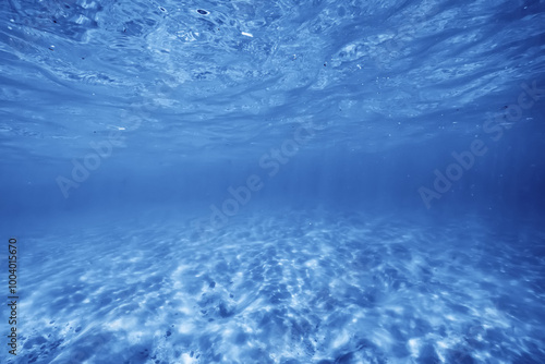 underwater photo blue background panorama ocean surface and bottom of the sea