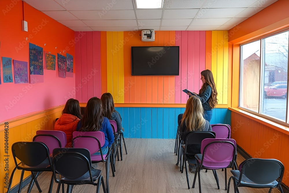 a group of people sitting in chairs in a room
a group of people sitting in chairs in a room