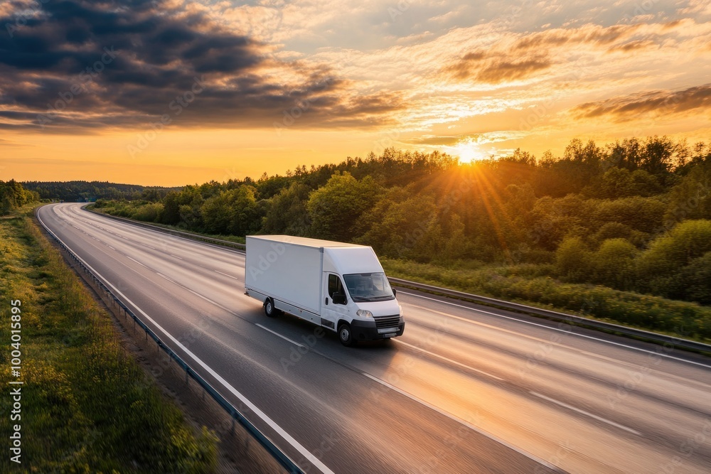 White Delivery Van on Open Highway at Sunset White Delivery Van on Open Highway at Sunset