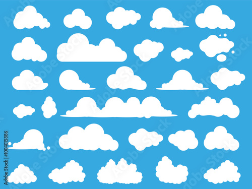 Set of cartoon white clouds on a blue background. Vector design elements.
