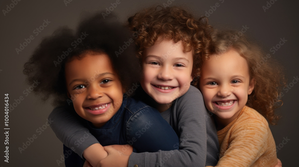 Three cheerful children with curly hair embrace and smile brightly, radiating happiness and friendship against a dark studio backdrop. Three cheerful children with curly hair embrace and smile brightly, radiating happiness and friendship against a dark studio backdrop.