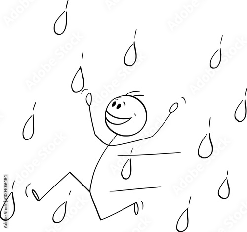 Person smiling and running in rain, vector cartoon stick figure or character illustration.