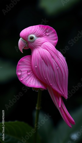 Photorealistic image of a single Vinca flower petal shaped like a parrot. The petal should have the typical pinkish-purple color of a Vinca flower, with delicate texture and natural-looking details, s photo