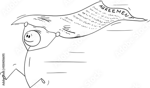 Person running and holding agreement or contract , vector cartoon stick figure or character illustration.
