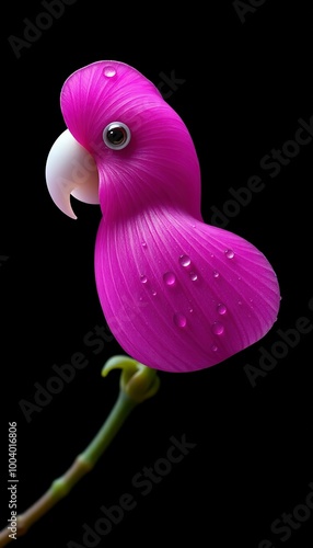 Photorealistic image of a single Vinca flower petal shaped like a parrot. The petal should have the typical pinkish-purple color of a Vinca flower, with delicate texture and natural-looking details, s photo