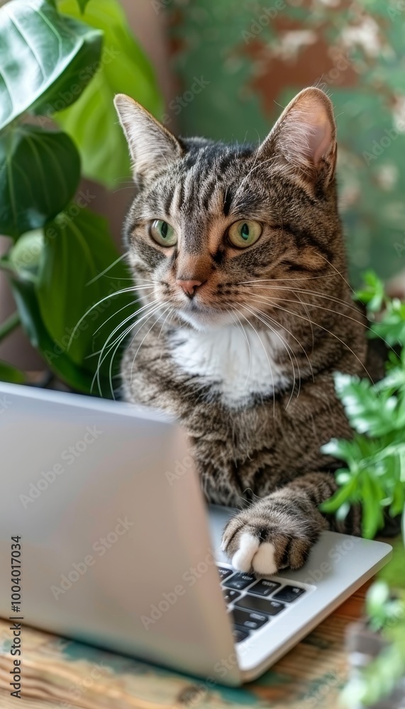 Curious Tabby Cat Working Remotely On Laptop Computer, Nestled Among Lush Houseplants. Curious Tabby Cat Working Remotely On Laptop Computer, Nestled Among Lush Houseplants.