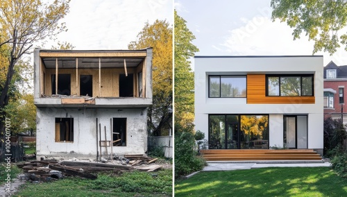 Before and after renovation of a house. See the transformation from an old building to a modern one.