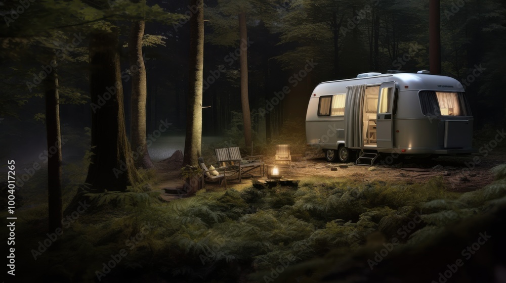 A modern caravan sits in a tranquil forest clearing at dusk, illuminated softly, evoking a sense of adventure and peace in nature. A modern caravan sits in a tranquil forest clearing at dusk, illuminated softly, evoking a sense of adventure and peace in nature.