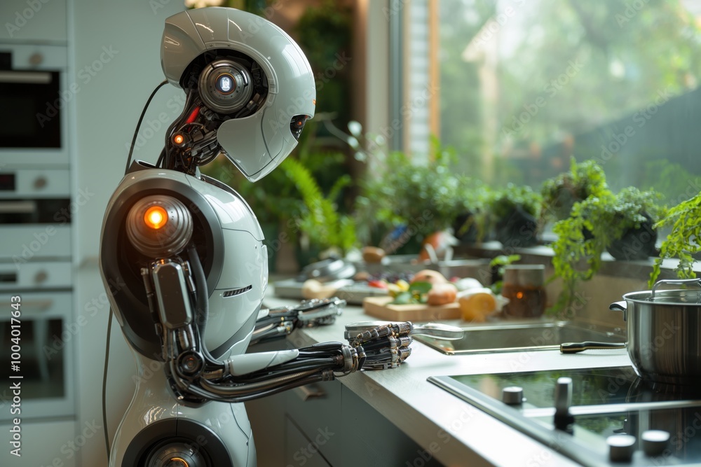 A humanoid robot stands at a kitchen counter, focusing on preparing a meal. Fresh herbs and various ingredients create a vibrant atmosphere in the well-lit space. A humanoid robot stands at a kitchen counter, focusing on preparing a meal. Fresh herbs and various ingredients create a vibrant atmosphere in the well-lit space.