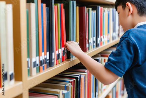 Portrait of disabled Asian boy selecting books from bookshelf in school library. Inclusive education.