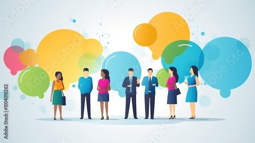 An illustration featuring people of diverse backgrounds engaging in conversation, represented with colorful chat bubbles, symbolizing communication and networking.