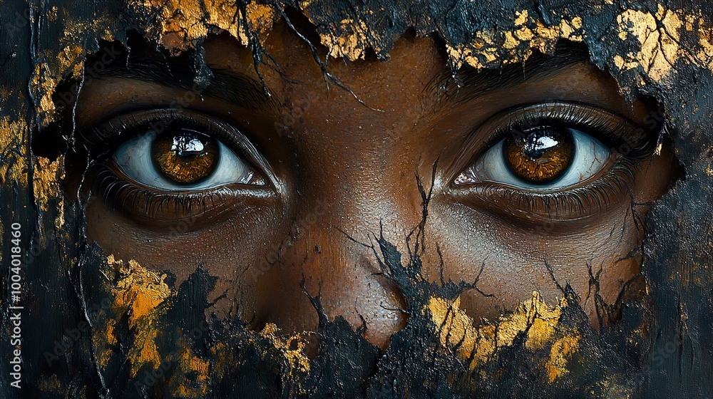 Intense Gaze: Close-Up Portrait with Gold and Black Intense Gaze: Close-Up Portrait with Gold and Black