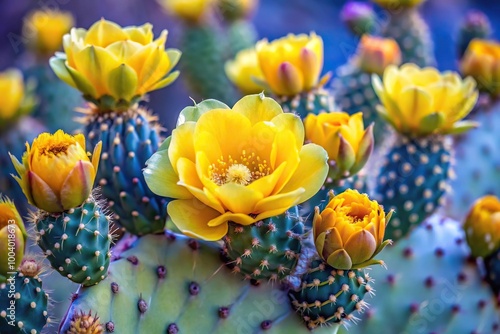 Yellow Cactus Flowers on Violet Prickly Pear Cactus flowers in Phoenix Arizona in the spring Opuntia gosseliniana blooming