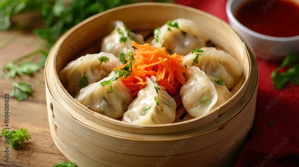 Asian dumplings in a bamboo steamer, garnished with carrots and served with red sauce, on a rustic wooden table. Asian dumplings in a bamboo steamer, garnished with carrots and served with red sauce, on a rustic wooden table.