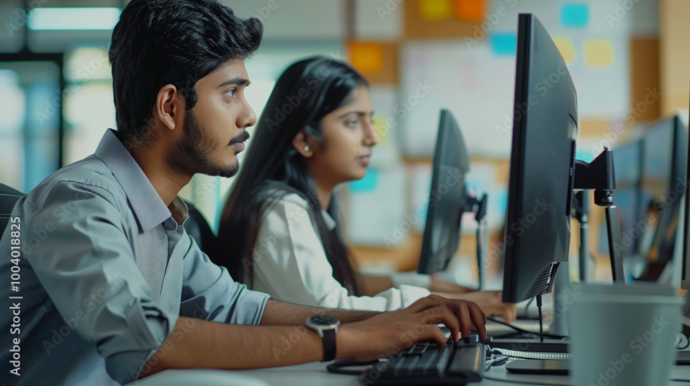 Team work, support, QA department. Young Team of Specialists Working on Desktop Computers at a Modern Workplace. Team work, support, QA department. Young Team of Specialists Working on Desktop Computers at a Modern Workplace.