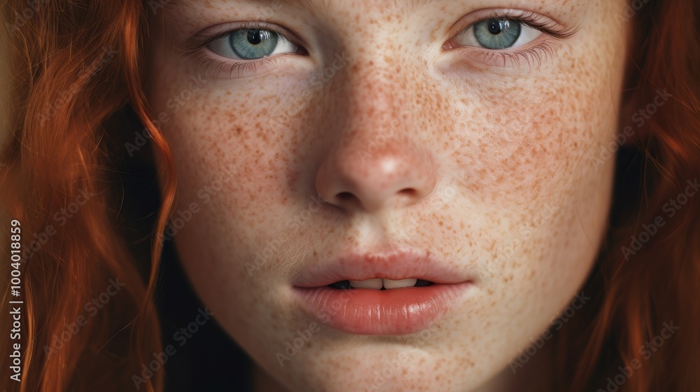 A close-up shot of a young woman's face with striking blue eyes, freckles, and natural red hair, showcasing her gentle yet intense expression. A close-up shot of a young woman's face with striking blue eyes, freckles, and natural red hair, showcasing her gentle yet intense expression.