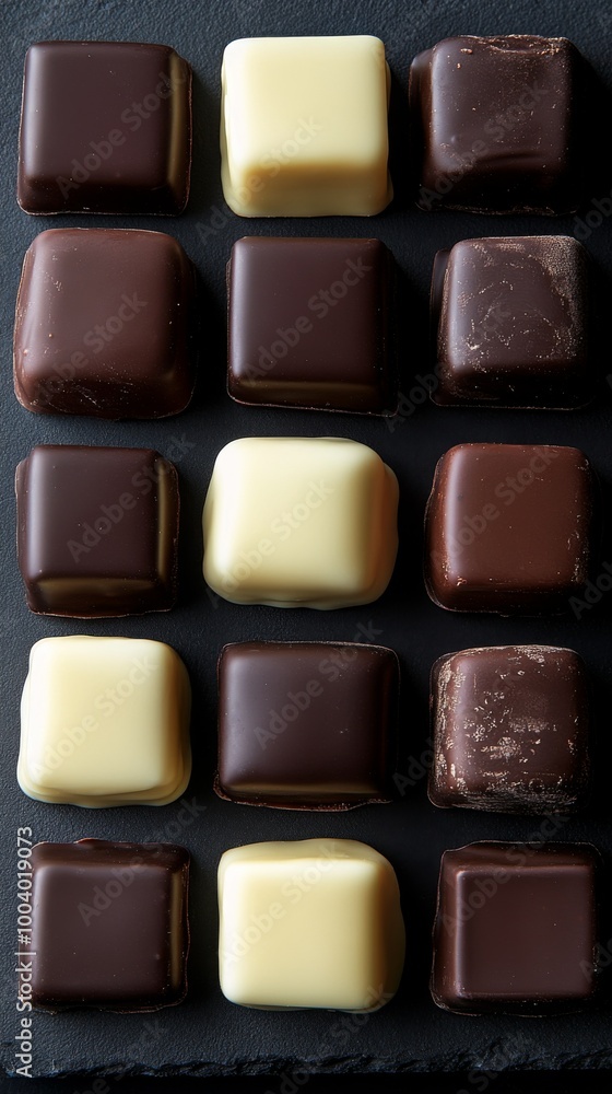 Fototapeta premium Dominostein: Chocolate Confectionery filled with layered Lebkuchen, Gingerbread, apricot jelly, marzipan or persipan. Traditional German, Austrian Christmas chocolates, Milk, dark, white chocolate.