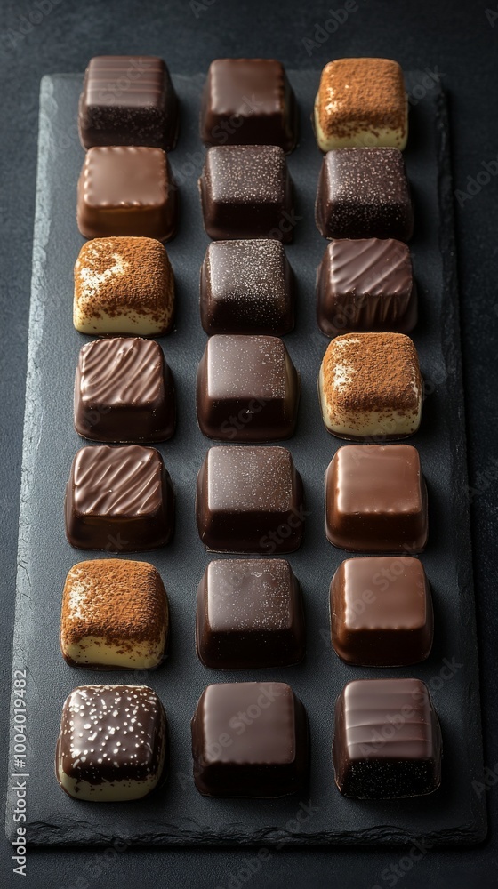 Obraz premium Dominostein: Chocolate Confectionery filled with layered Lebkuchen, Gingerbread, apricot jelly, marzipan or persipan. Traditional German, Austrian Christmas chocolates, Milk, dark, white chocolate.
