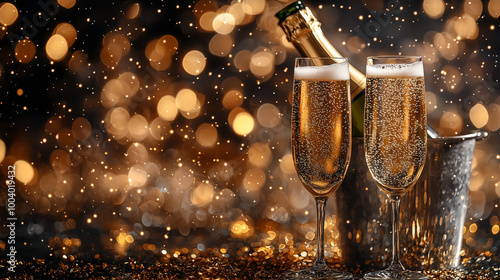 Celebrate the season with this elegant champagne display, featuring chilled bubbles and sparkling bokeh lights—ideal for Christmas and New Year’s festivities, motive cards and new year wishes