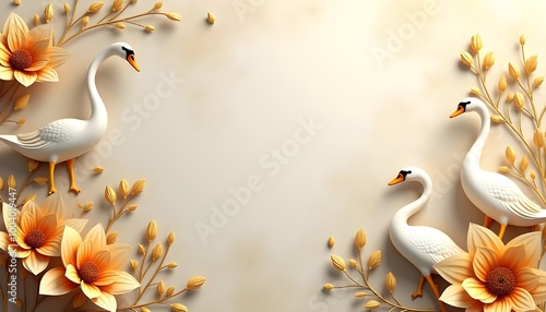 Wallpaper Mural A high-definition 3D printable wallpaper design featuring elegant golden flowers and swans against a textured abstract background. Torontodigital.ca