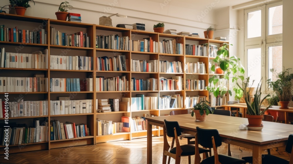 A cozy library with tall bookshelves and sunlit reading areas, perfect for indulging in quiet study and literary exploration. A cozy library with tall bookshelves and sunlit reading areas, perfect for indulging in quiet study and literary exploration.