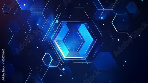 Abstract blue hexagon on a dark background with digital elements.