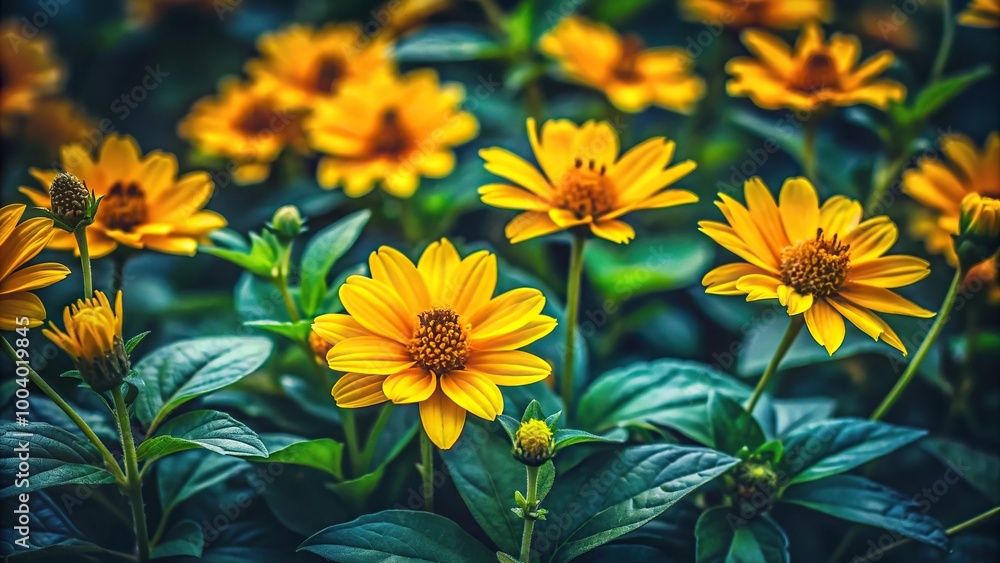 Yellow flower garden at night with green leaves from a worm's eye view perspective Yellow flower garden at night with green leaves from a worm's eye view perspective