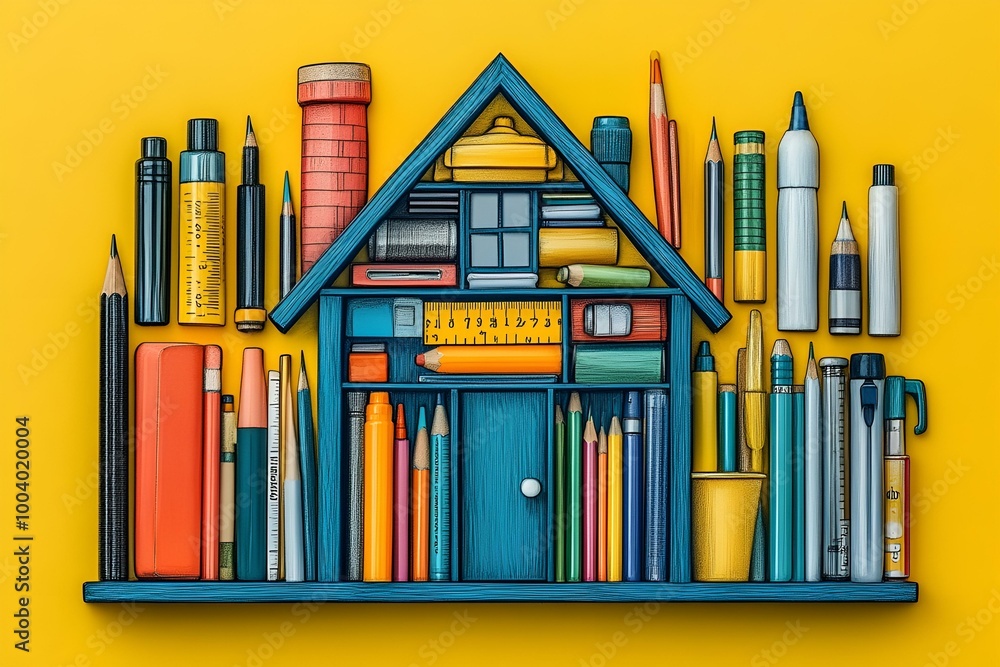 a flat lay of a small blue house made from various school supplies. The house is made up of different colored pencils of different sizes and colors, including red, blue, green, yellow, and orange. a flat lay of a small blue house made from various school supplies. The house is made up of different colored pencils of different sizes and colors, including red, blue, green, yellow, and orange.