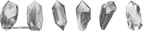 3D vector gradient geometric shapes with noise effect. Cube, cylinder, triangle, rhombus with grainy dot texture.