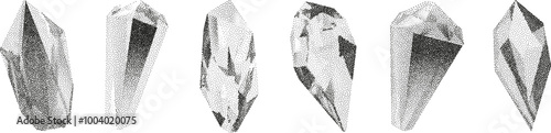 3D vector gradient geometric shapes with noise effect. Cube, cylinder, triangle, rhombus with grainy dot texture.