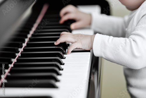 close-up of child's hands on piano keys with teacher guiding, music lesson photo