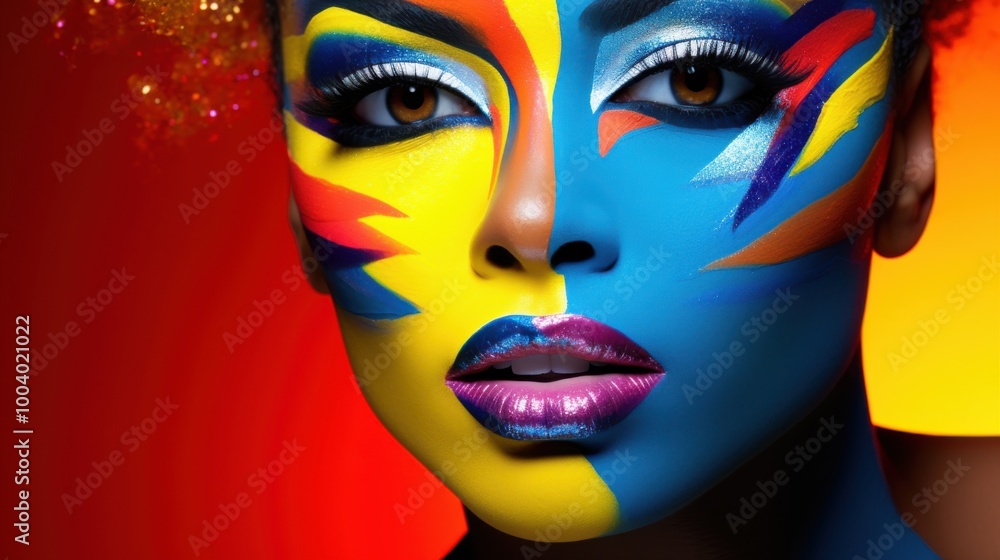 A powerful close-up of a person with bold, colorful face paint in brilliant yellow and blue hues, capturing a dramatic and artistic expression. A powerful close-up of a person with bold, colorful face paint in brilliant yellow and blue hues, capturing a dramatic and artistic expression.