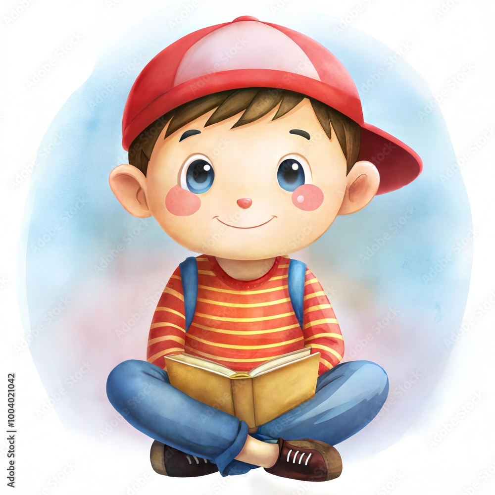 Cute boy reading a book in a red cap Cute boy reading a book in a red cap