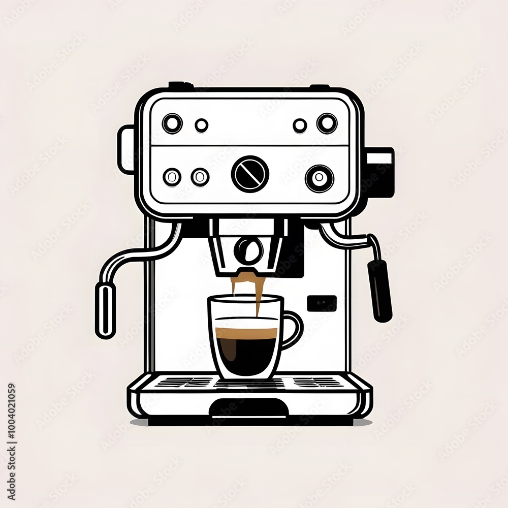 coffee maker machine, Minimalist line art of a modern espresso machine with a fresh cup of coffee, for café branding coffee maker machine, Minimalist line art of a modern espresso machine with a fresh cup of coffee, for café branding