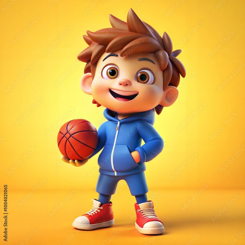 Cartoon boy holding basketball in blue outfit on yellow background
