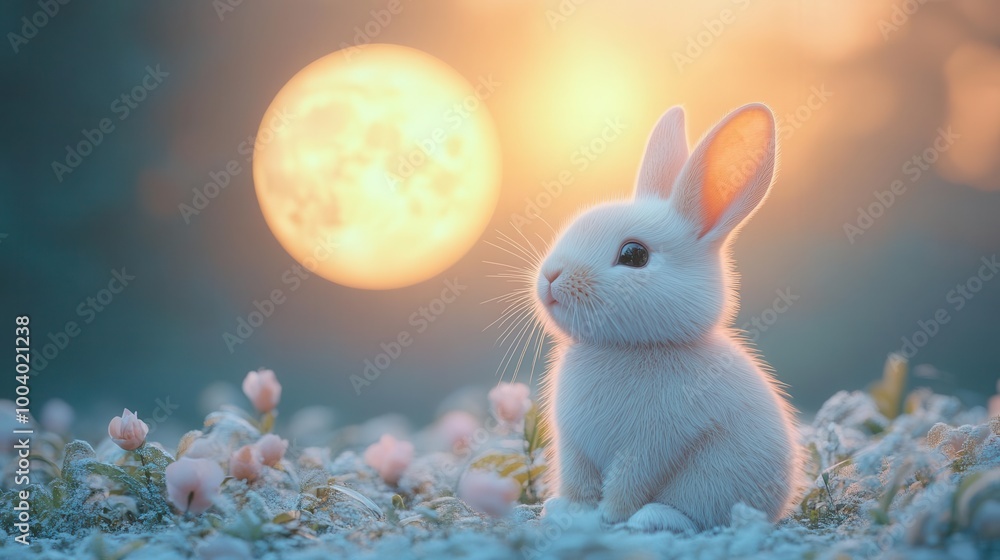 3d render of a cute bunny sitting serenely under a glowing moon during the midautumn festival capturing the magic of the night with soft colors and gentle light 3d render of a cute bunny sitting serenely under a glowing moon during the midautumn festival capturing the magic of the night with soft colors and gentle light