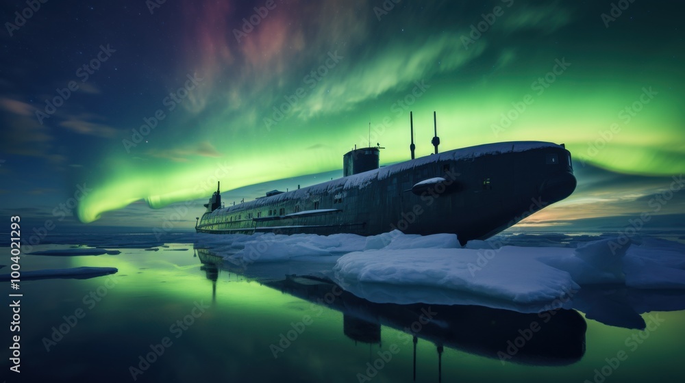 Fototapeta premium A submarine stationed in icy Arctic waters, under the vibrant glow of the Northern Lights in a stark, beautiful landscape.