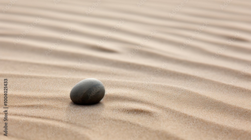 A single speckled pebble rests on an undulating, sandy surface, embodying tranquility and simplicity within a vast and serene landscape. A single speckled pebble rests on an undulating, sandy surface, embodying tranquility and simplicity within a vast and serene landscape.